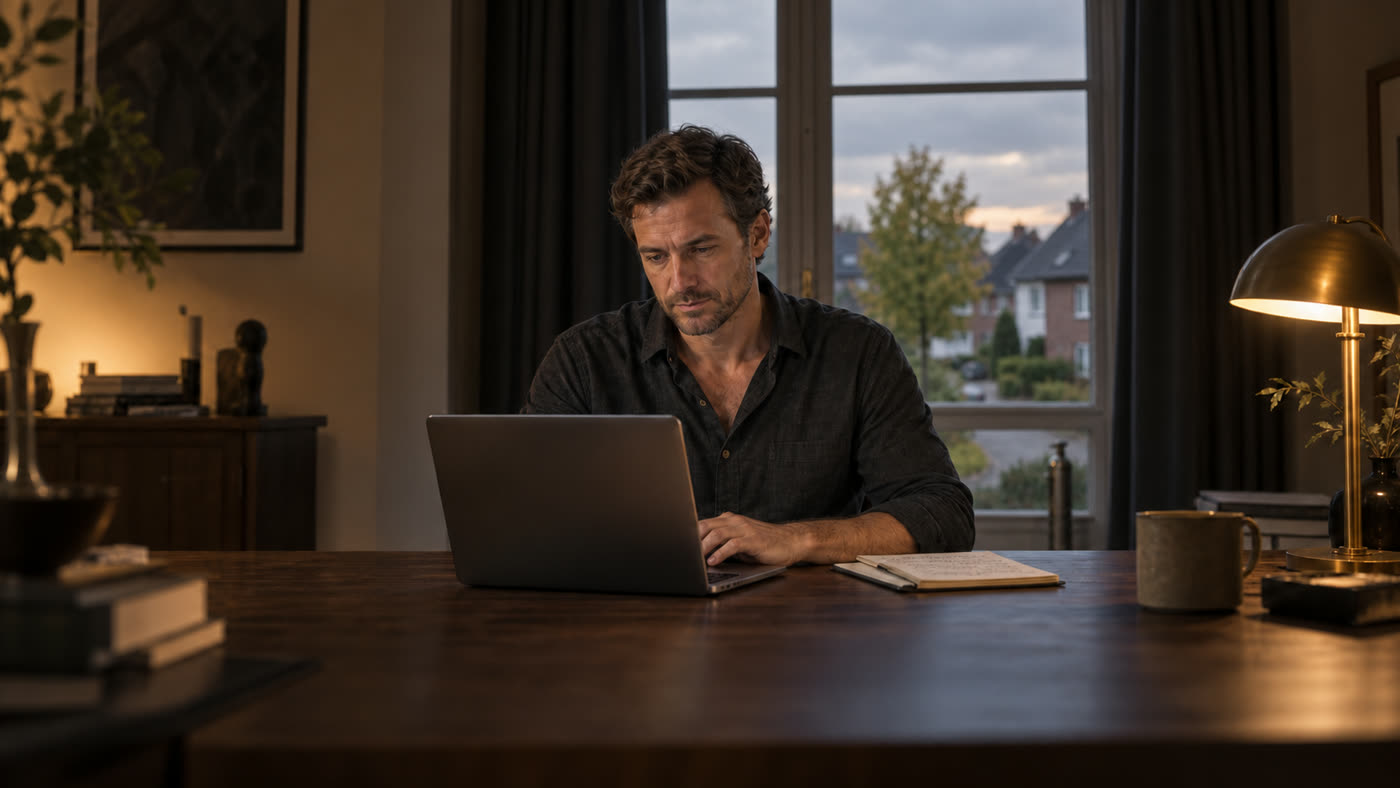 Unternehmer arbeitet abends am Laptop