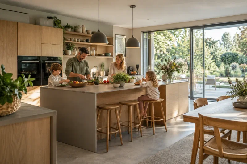 Familie in einer individuell geplanten Küche – KI-Fotomotiv